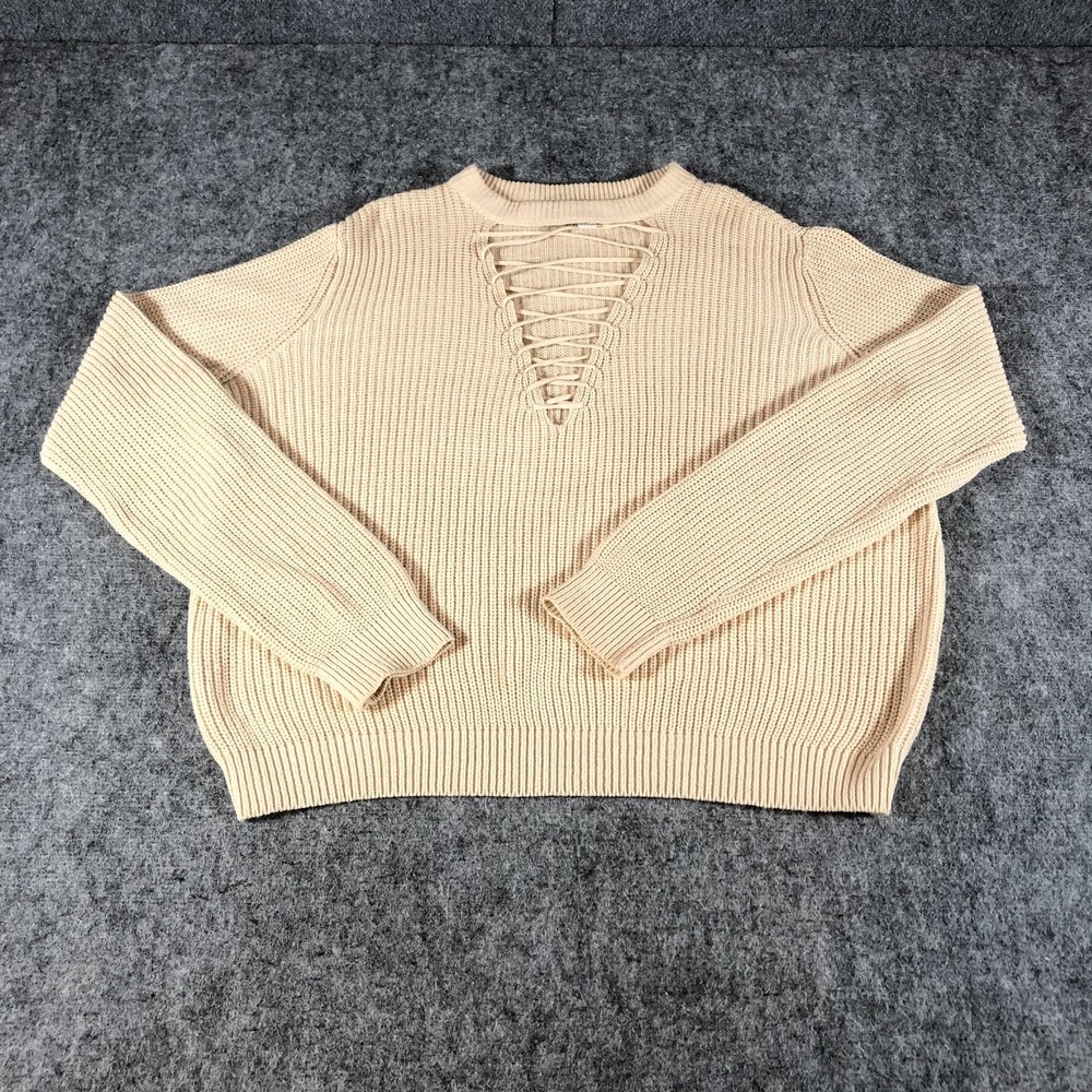 Forever‎ 21 Plus 2X Beige Lace-Up V-Neck Ribbed Knit Sweater